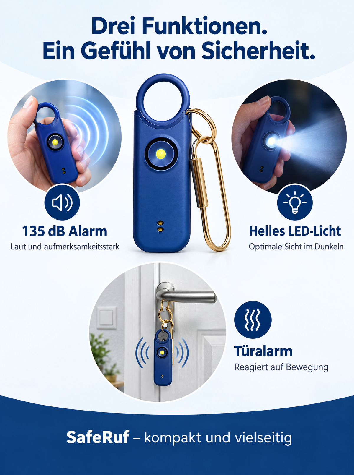 SafeRuf Taschenalarm – 135 dB Personenalarm am Schlüsselanhänger, wiederaufladbar