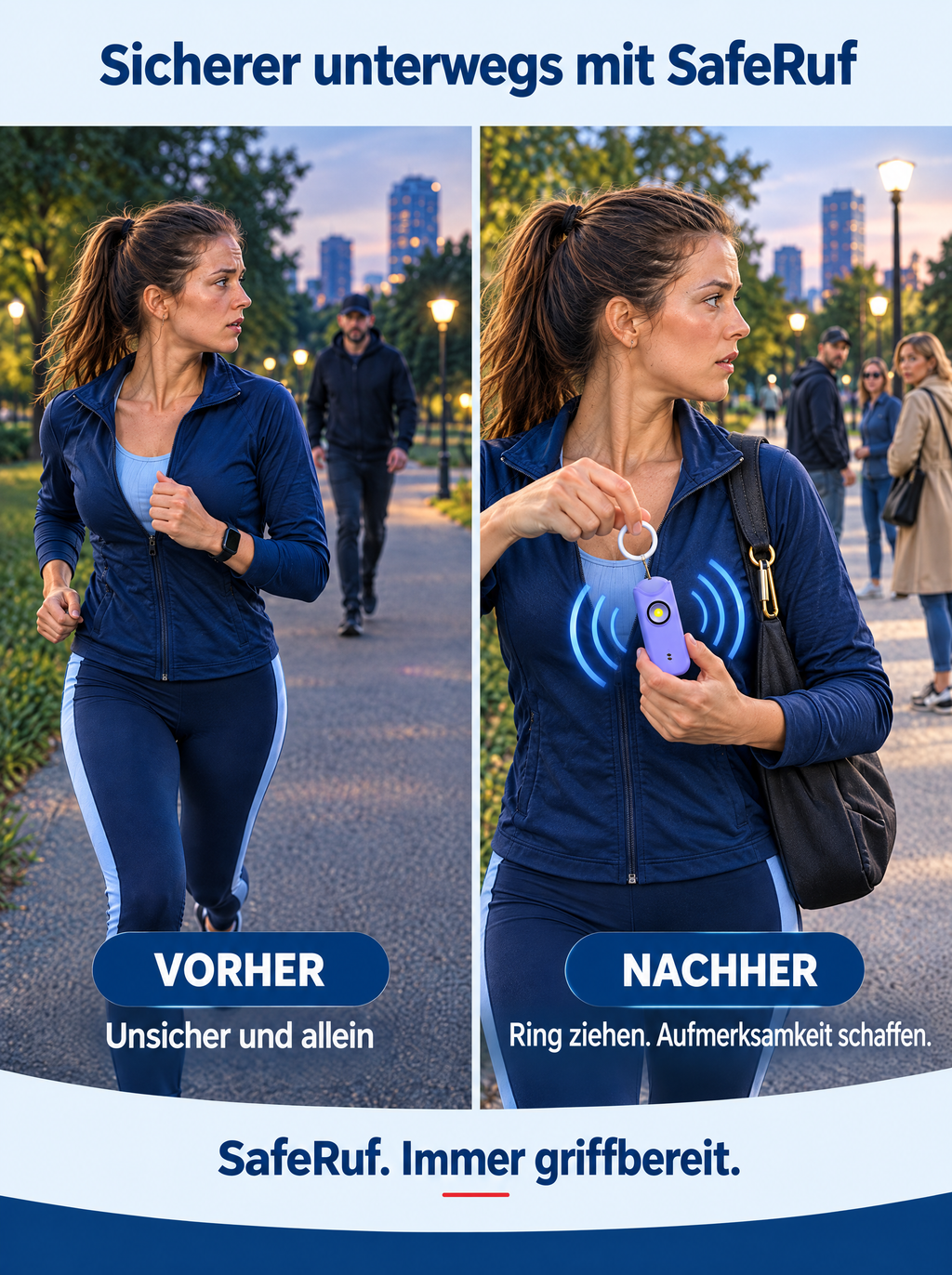 SafeRuf Taschenalarm – 135 dB Personenalarm am Schlüsselanhänger, wiederaufladbar