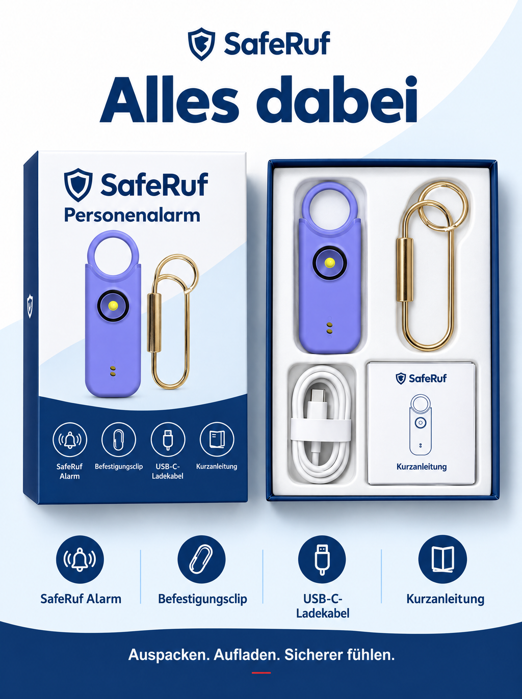 SafeRuf Taschenalarm – 135 dB Personenalarm am Schlüsselanhänger, wiederaufladbar