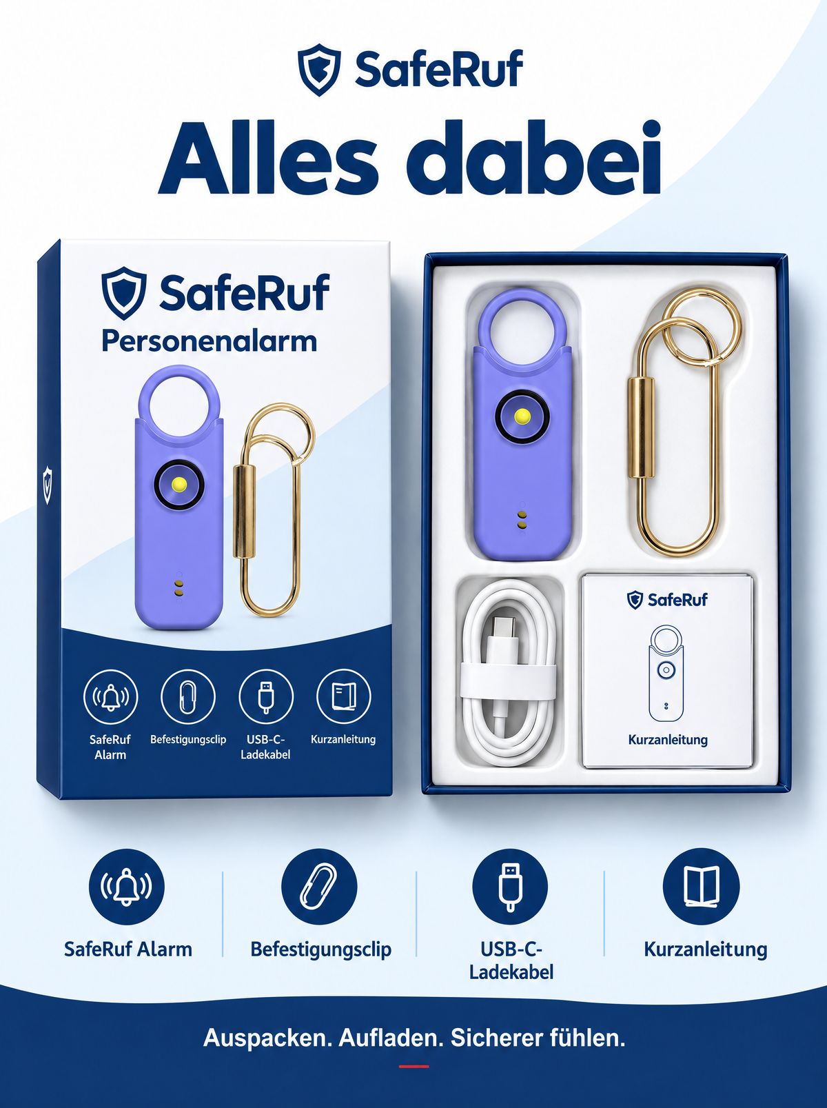 SafeRuf Taschenalarm – 135 dB Personenalarm am Schlüsselanhänger, wiederaufladbar