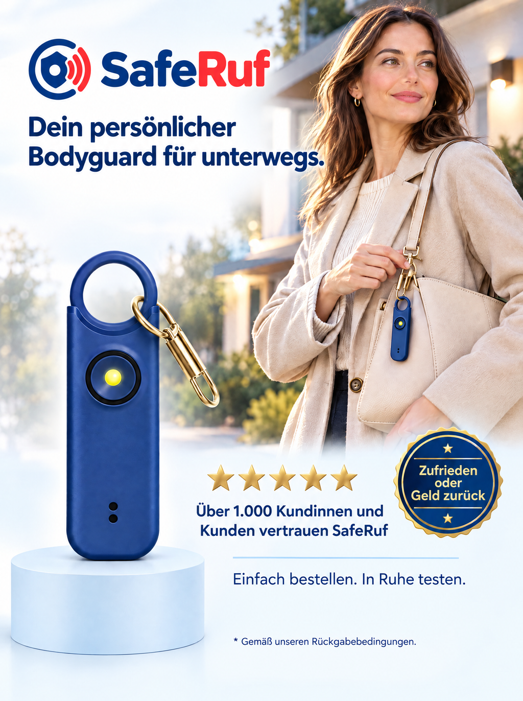 SafeRuf Taschenalarm – 135 dB Personenalarm am Schlüsselanhänger, wiederaufladbar